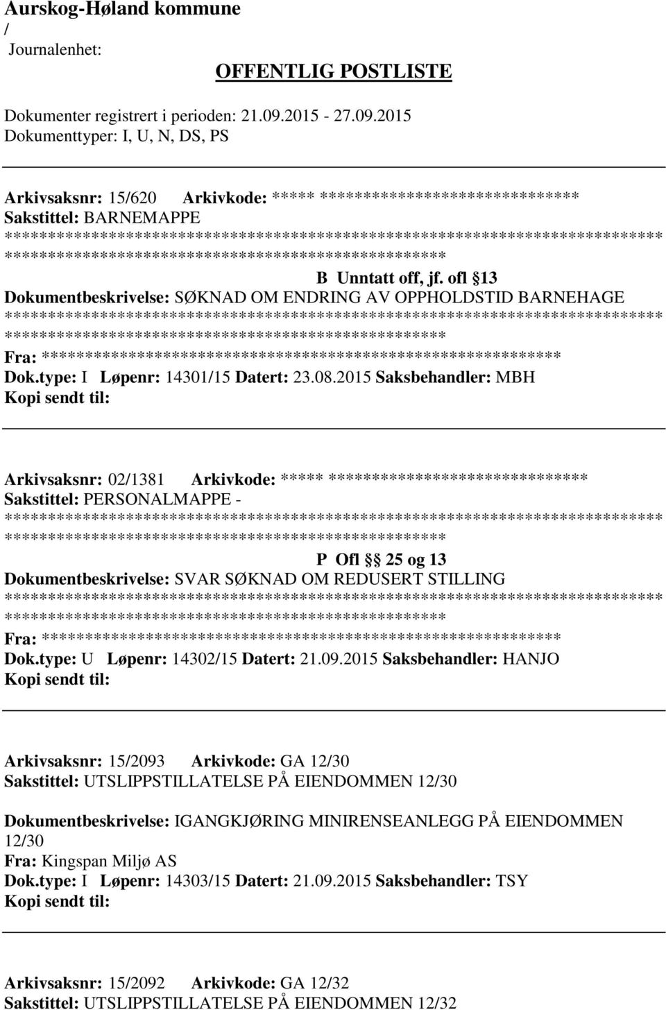 2015 Saksbehandler: MBH Arkivsaksnr: 021381 Arkivkode: ***** ****************************** - P Ofl 25 og 13 Dokumentbeskrivelse: SVAR SØKNAD OM REDUSERT STILLING Fra: ********* Dok.