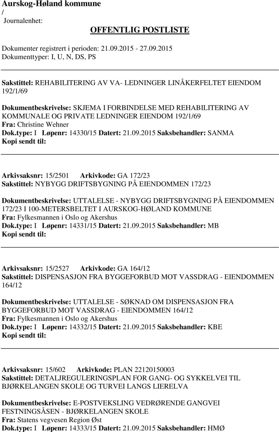 2015 Saksbehandler: SANMA Arkivsaksnr: 152501 Arkivkode: GA 17223 Sakstittel: NYBYGG DRIFTSBYGNING PÅ EIENDOMMEN 17223 Dokumentbeskrivelse: UTTALELSE - NYBYGG DRIFTSBYGNING PÅ EIENDOMMEN 17223 I