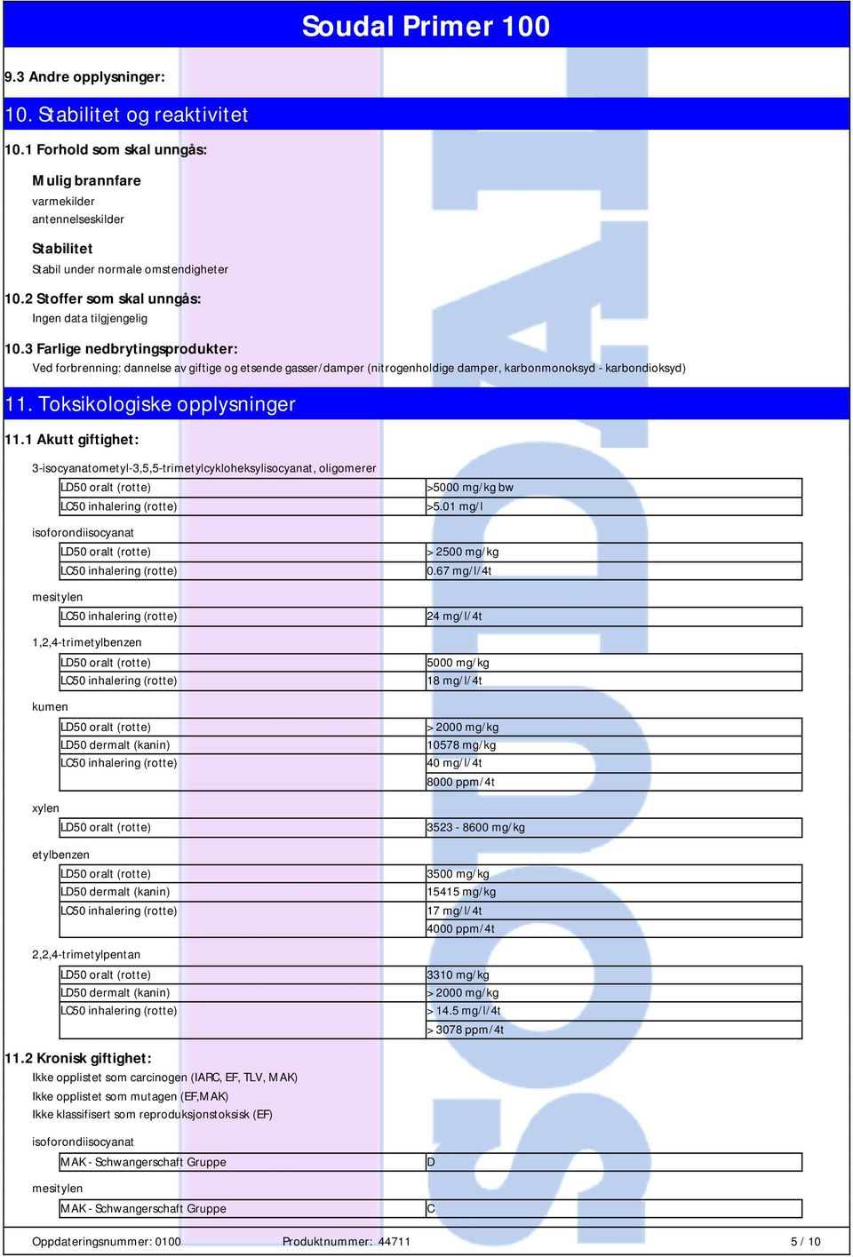 3 Farlige nedbrytingsprodukter: Ved forbrenning: dannelse av giftige og etsende gasser/damper (nitrogenholdige damper, karbonmonoksyd - karbondioksyd) 11. Toksikologiske opplysninger 11.