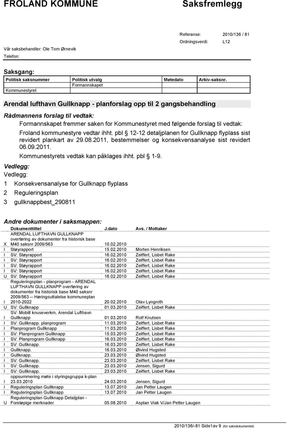 vedtak: Vedlegg: Vedlegg: Froland kommunestyre vedtar ihht. pbl 12-12 detaljplanen for Gullknapp flyplass sist revidert plankart av 29.08.2011, bestemmelser og konsekvensanalyse sist revidert 06.09.