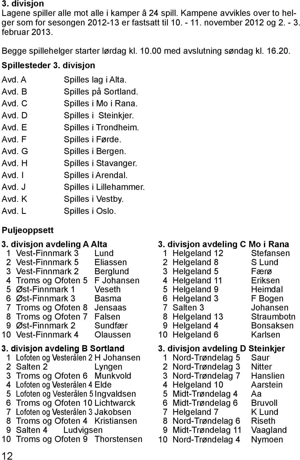 Avd. E Spilles i Trondheim. Avd. F Spilles i Førde. Avd. G Spilles i Bergen. Avd. H Spilles i Stavanger. Avd. I Spilles i Arendal. Avd. J Spilles i Lillehammer. Avd. K Spilles i Vestby. Avd. L Spilles i Oslo.