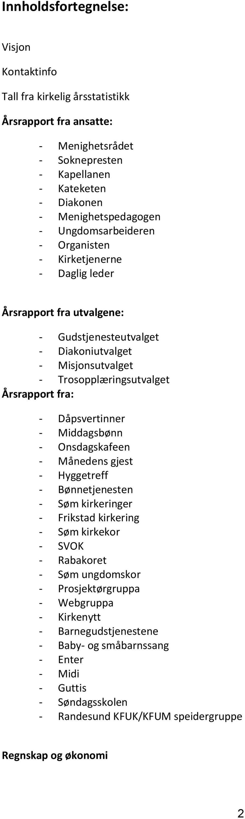 fra: - Dåpsvertinner - Middagsbønn - Onsdagskafeen - Månedens gjest - Hyggetreff - Bønnetjenesten - Søm kirkeringer - Frikstad kirkering - Søm kirkekor - SVOK - Rabakoret - Søm