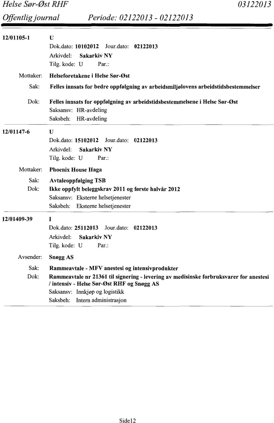 arbeidstidsbestemmelsenei Helse Sør-Øst Saksansv: HR-avdeling Saksbeh: HR-avdeling 12/01147-6 Dok.dato: 15102012 Jour.