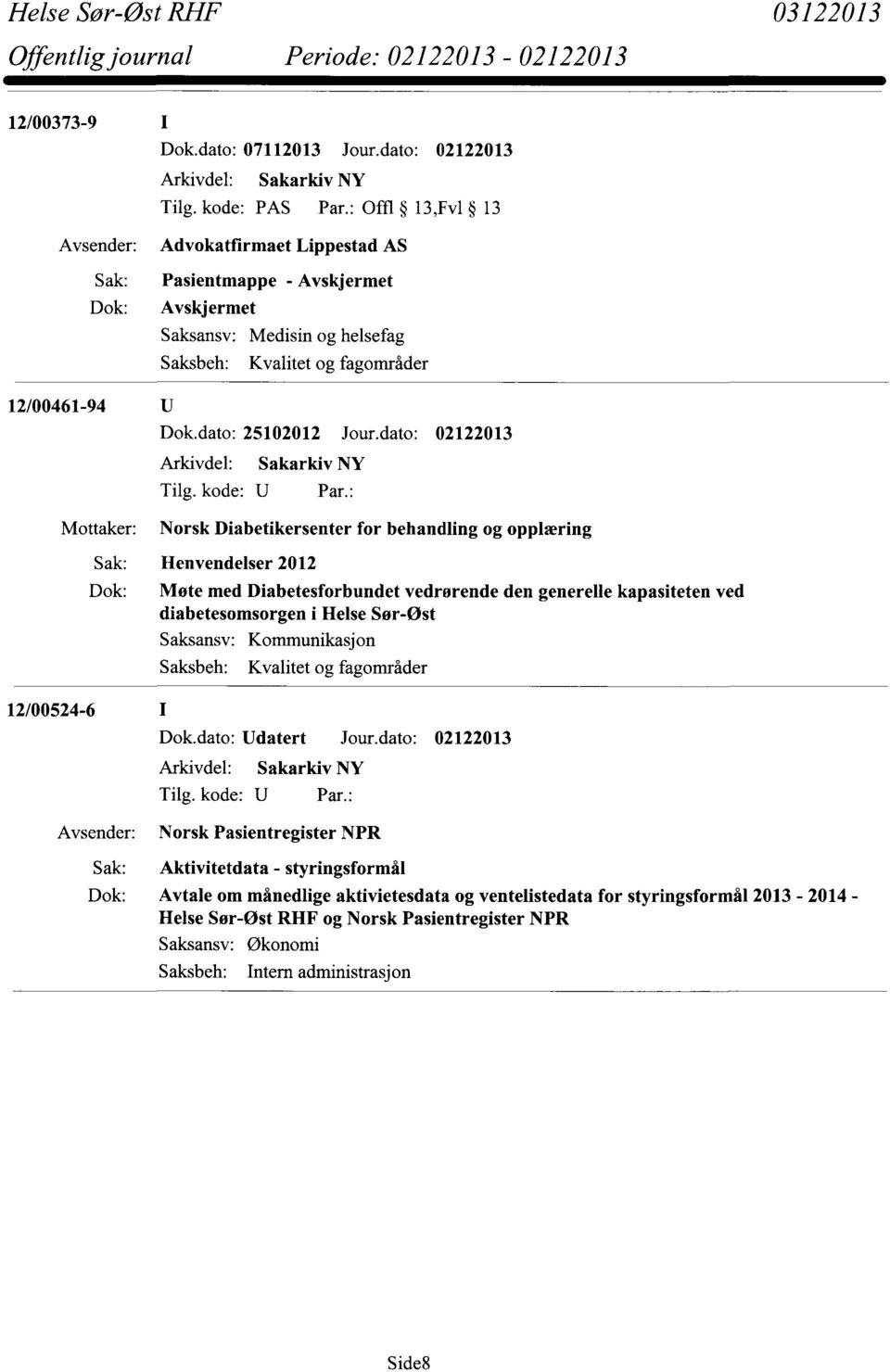 dato: 02122013 Mottaker: Norsk Diabetikersenter for behandling og opplæring Henvendelser 2012 Møte med Diabetesforbundet vedrørende den generelle kapasiteten ved diabetesomsorgen i Helse