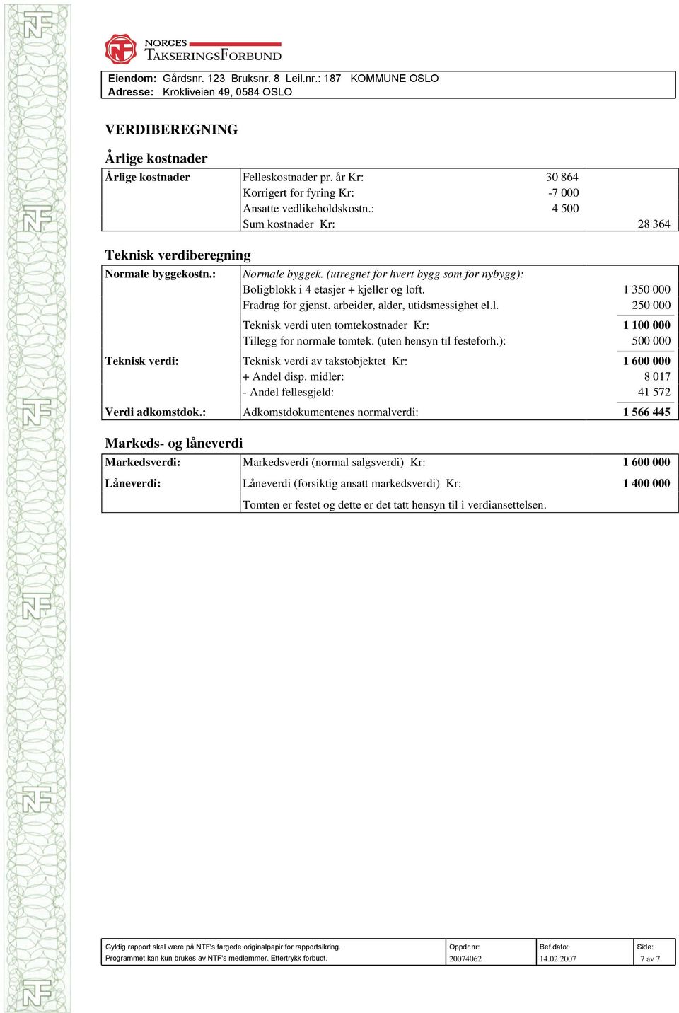 1 350 000 Fradrag for gjenst. arbeider, alder, utidsmessighet el.l. 250 000 Teknisk verdi uten tomtekostnader Kr: 1 100 000 Tillegg for normale tomtek. (uten hensyn til festeforh.