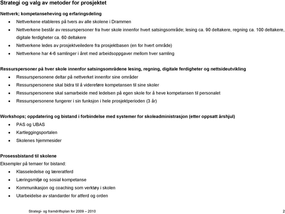 60 deltakere Nettverkene ledes av prosjektveiledere fra prosjektbasen (en for hvert område) Nettverkene har 4-6 samlinger i året med arbeidsoppgaver mellom hver samling Ressurspersoner på hver skole