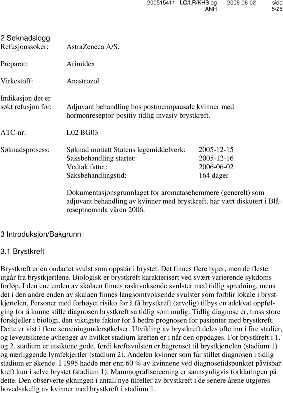 L02 BG03 Søknadsprosess: Søknad mottatt Statens legemiddelverk: 2005-12-15 Saksbehandling startet: 2005-12-16 Vedtak fattet: 2006-06-02 Saksbehandlingstid: 164 dager Dokumentasjonsgrunnlaget for