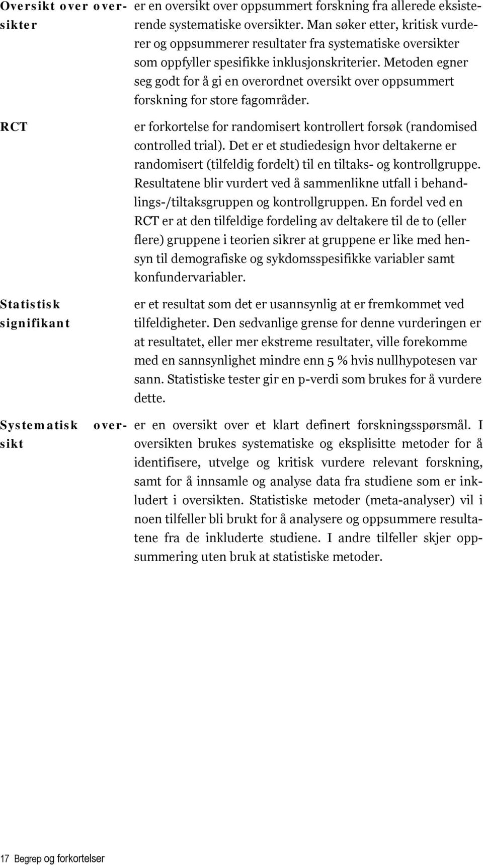 Metoden egner seg godt for å gi en overordnet oversikt over oppsummert forskning for store fagområder. er forkortelse for randomisert kontrollert forsøk (randomised controlled trial).