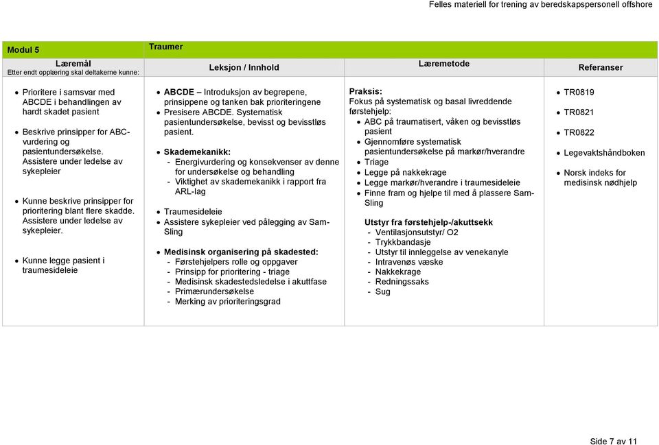 Kunne legge pasient i traumesideleie ABCDE Introduksjon av begrepene, prinsippene og tanken bak prioriteringene Presisere ABCDE. Systematisk pasientundersøkelse, bevisst og bevisstløs pasient.