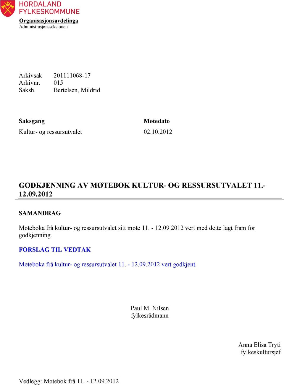 2012 SAMANDRAG Møteboka frå kultur- og ressursutvalet sitt møte 11. - 12.09.2012 vert med dette lagt fram for godkjenning.