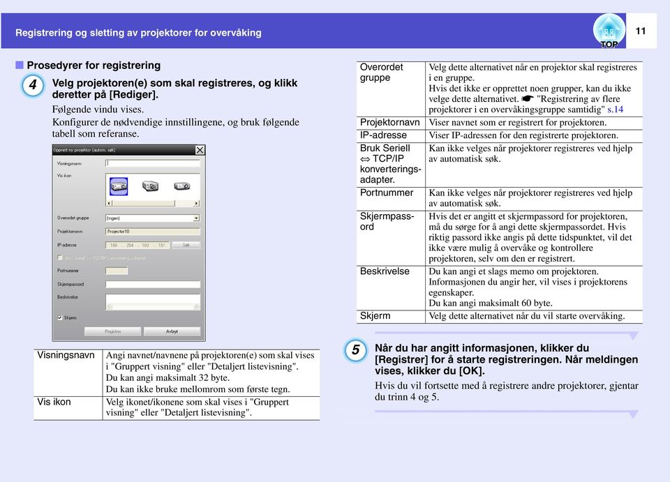 Portnummer Skjermpassord Beskrivelse Skjerm Velg dette alternativet når en projektor skal registreres i en gruppe. Hvis det ikke er opprettet noen grupper, kan du ikke velge dette alternativet.