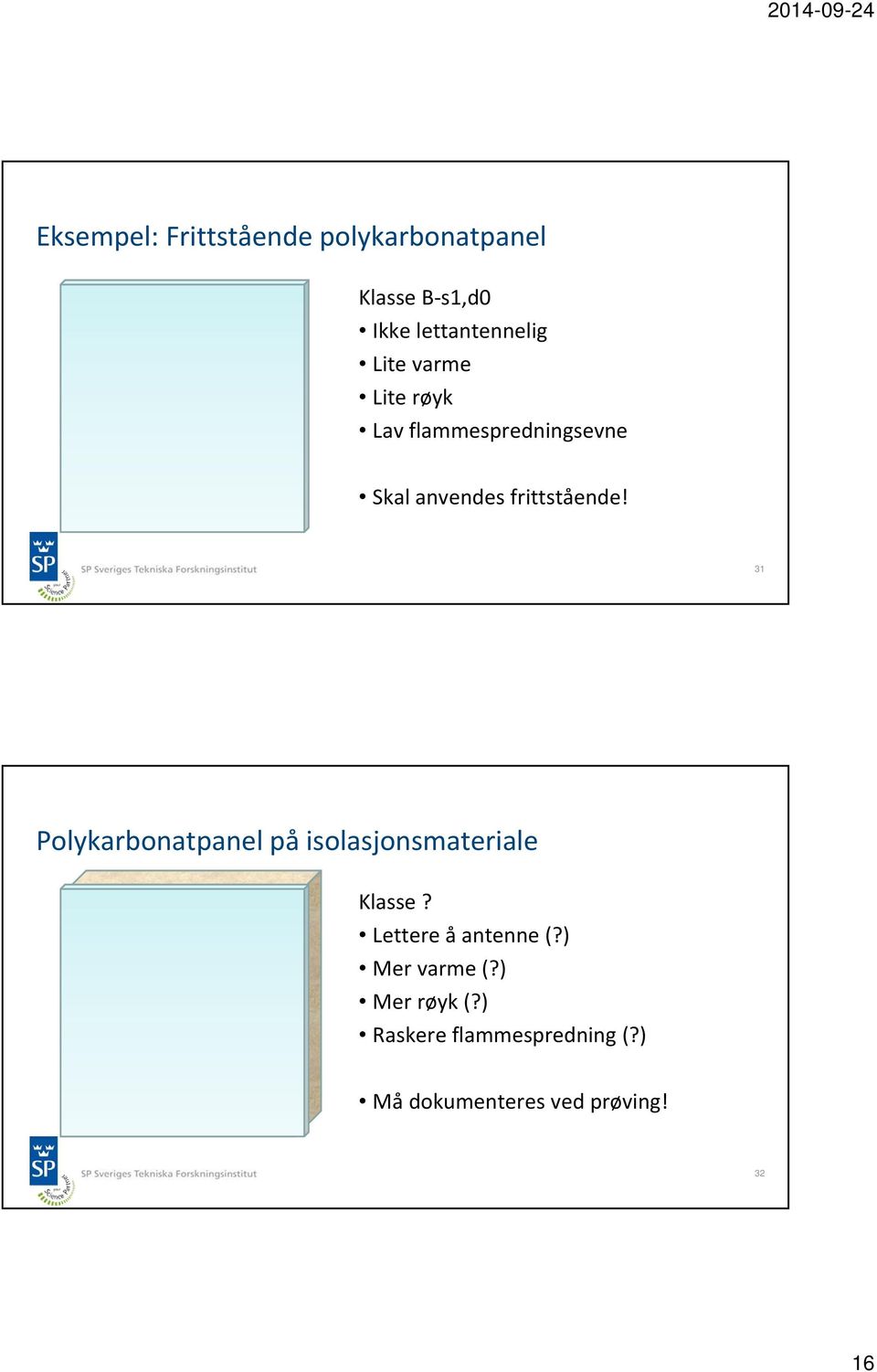 31 Polykarbonatpanel på isolasjonsmateriale Klasse? Lettere å antenne (?