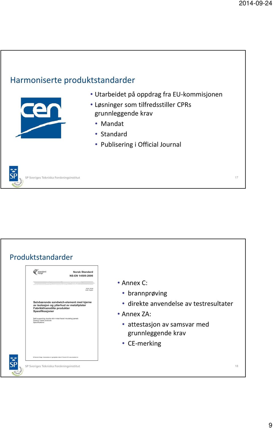 Publisering i Official Journal 17 Produktstandarder Annex C: brannprøving