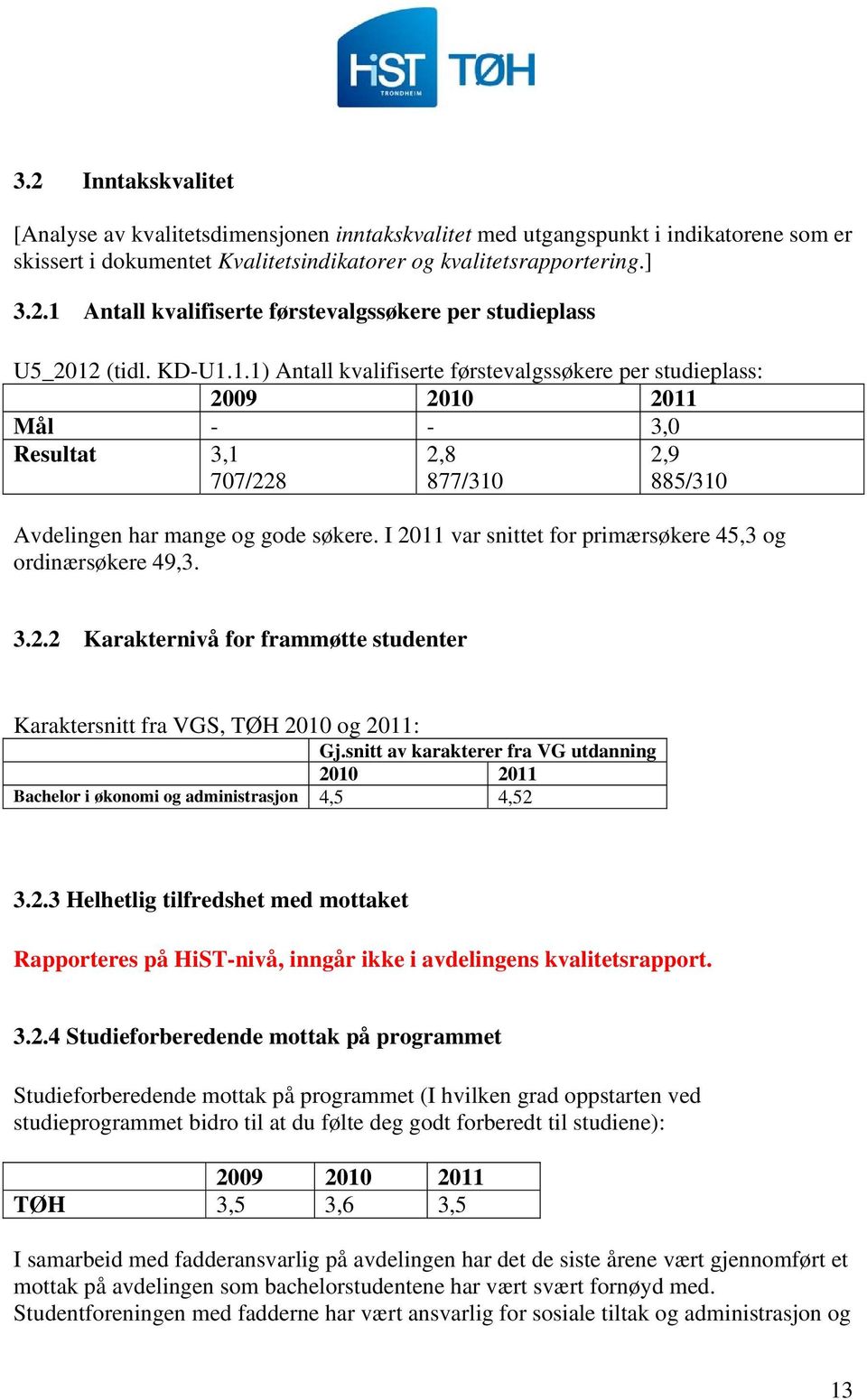 I 2011 var snittet for primærsøkere 45,3 og ordinærsøkere 49,3. 3.2.2 Karakternivå for frammøtte studenter Karaktersnitt fra VGS, TØH 2010 og 2011: Gj.