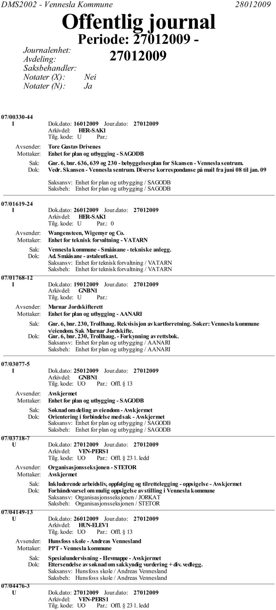 09 Saksansv: Enhet for plan og utbygging / SAGODB Saksbeh: Enhet for plan og utbygging / SAGODB 07/01619-24 I Dok.dato: 26012009 Jour.dato: 0 Wangensteen, Wigemyr og Co.