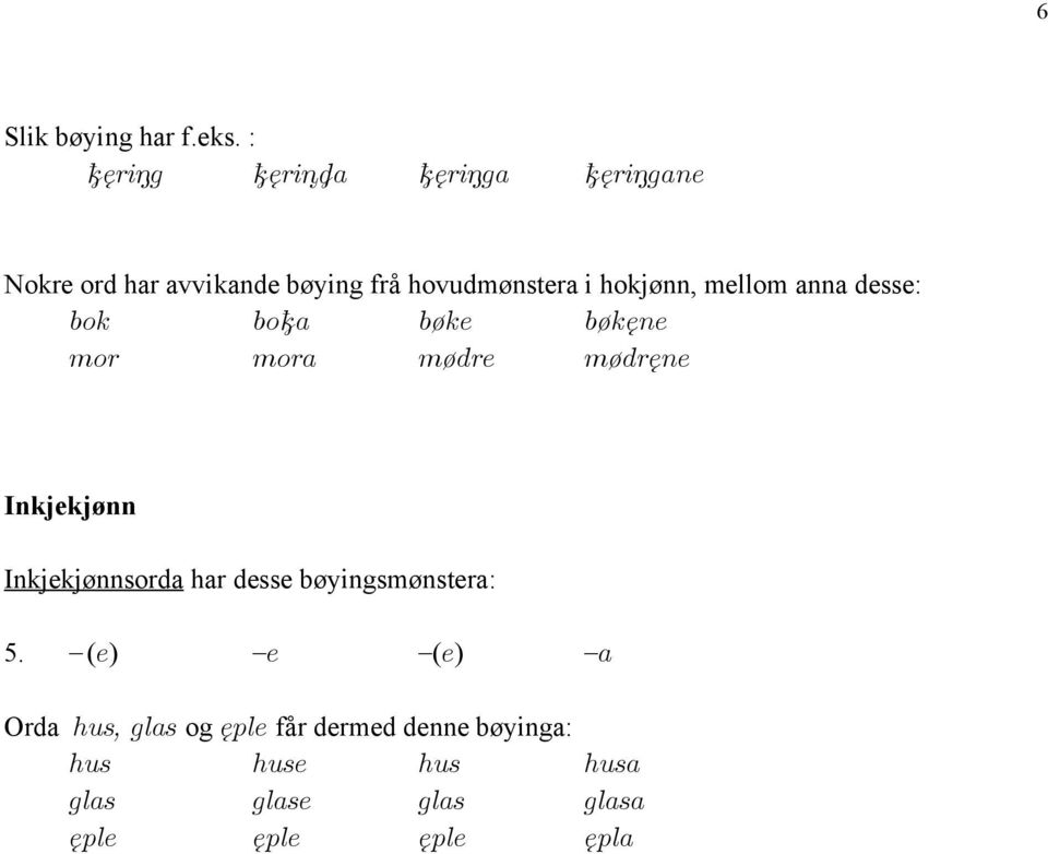 hokjønn, mellom anna desse: bok bo a bøke bøkęne mor mora mødre mødręne Inkjekjønn