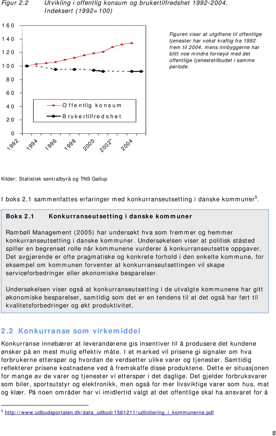 tjenestetilbudet i samme periode. 80 60 40 20 O ffentlig konsum B rukertilfredshet 0 1992 1994 1996 1998 2000 2 002* 2004 Kilder: Statistisk sentralbyrå og TNS Gallup I boks 2.