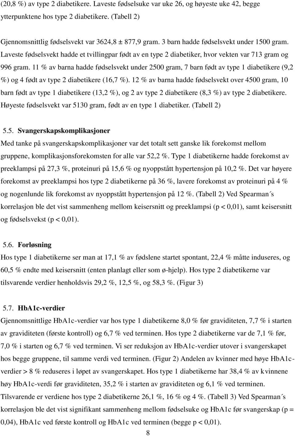 11 % av barna hadde fødselsvekt under 2500 gram, 7 barn født av type 1 diabetikere (9,2 %) og 4 født av type 2 diabetikere (16,7 %).