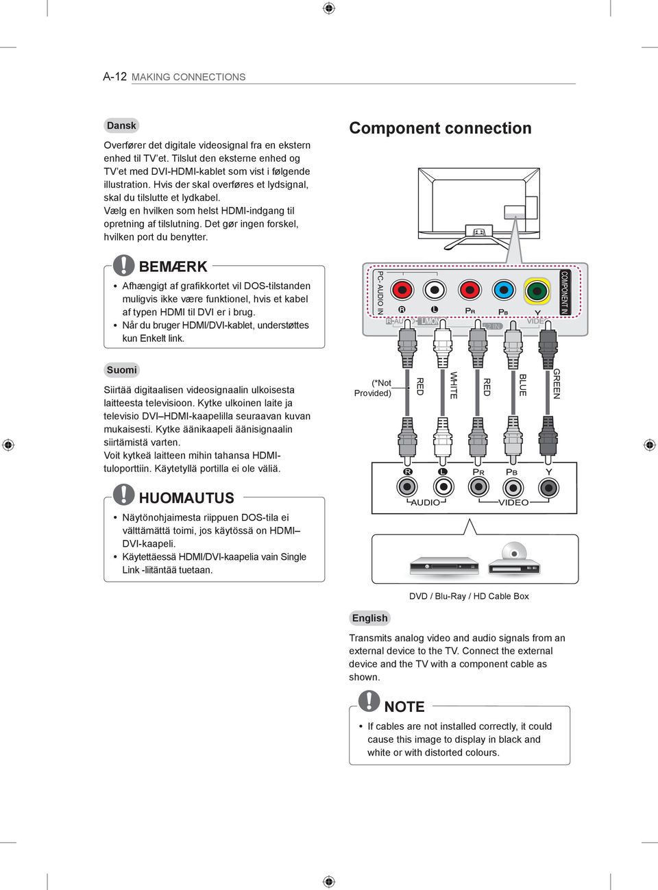 Component connection BEMÆRK y Afhængigt af grafikkortet vil DOS-tilstanden muligvis ikke være funktionel, hvis et kabel af typen HDMI til DVI er i brug.