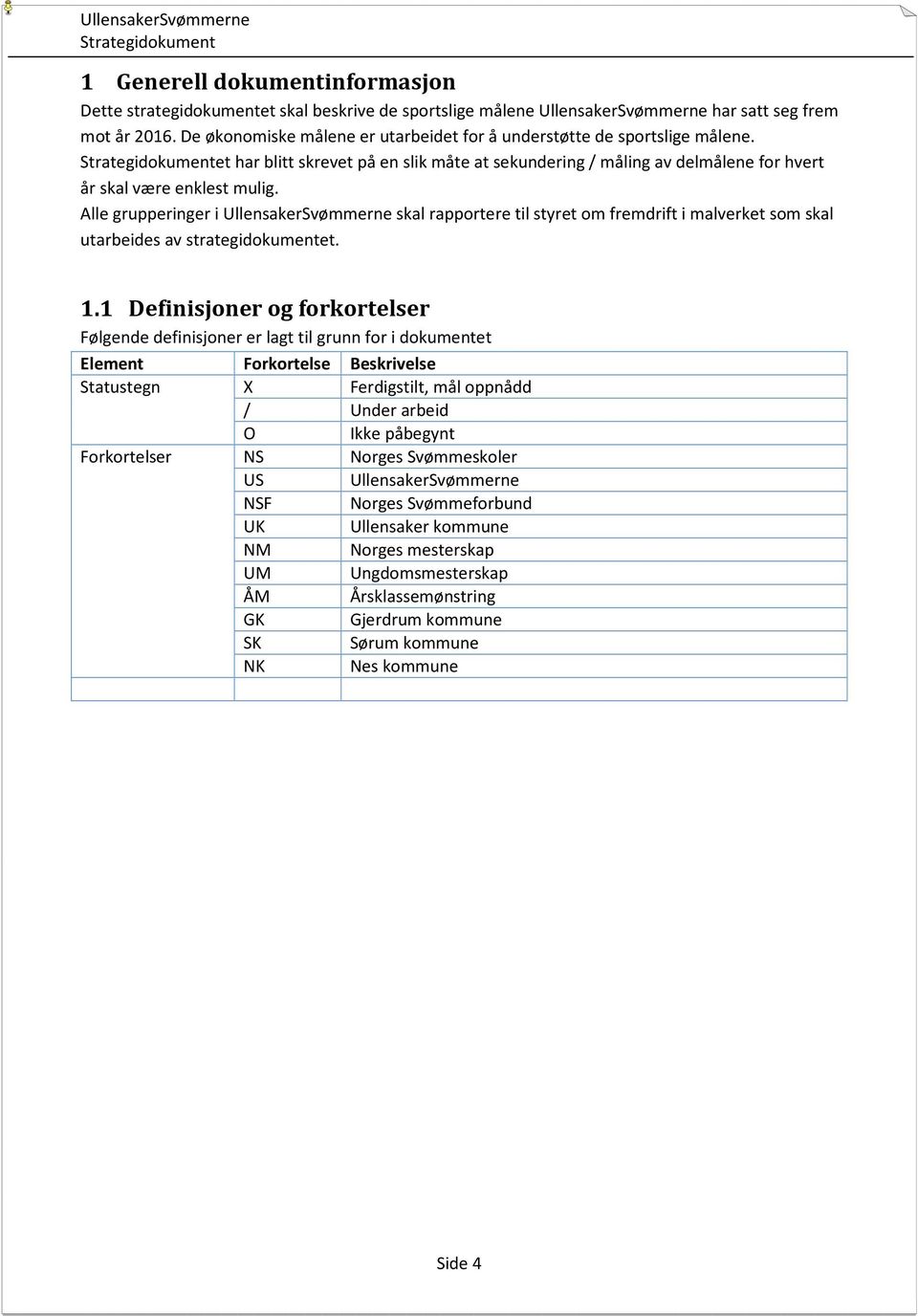 Alle grupperinger i UllensakerSvømmerne skal rapportere til styret om fremdrift i malverket som skal utarbeides av strategidokumentet. 1.