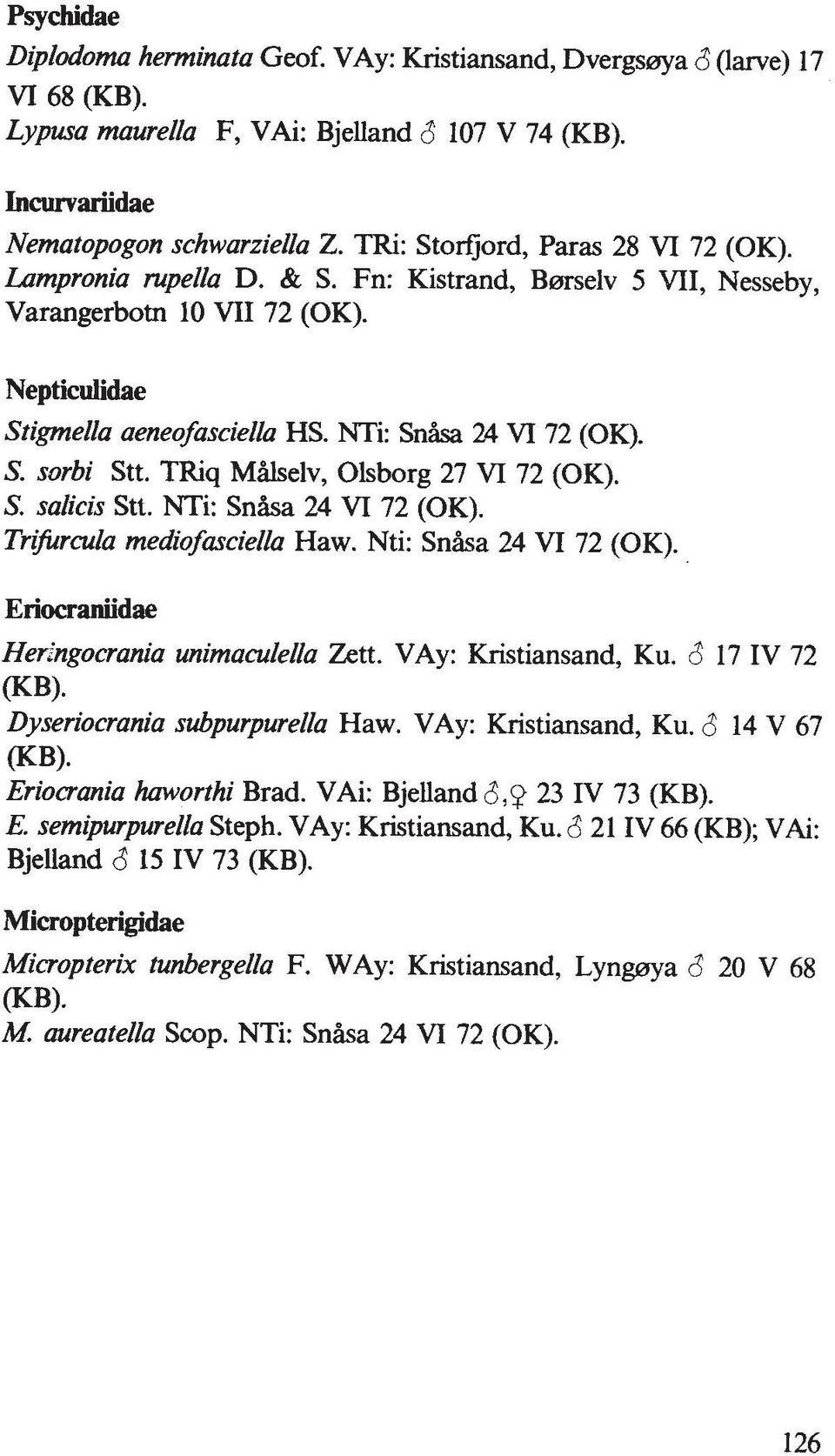 TRiq Mhelv, Olsborg 27 VI 72 (OK). S. sdicis Stt. NTi: Snh 24 VI 72 (OK). Tr~jim.wla mediof&ella Haw. Nti: Snka 24 VI 72 (OK). Heringocrania unimaculela Zett. VAy: Kristiansand, Ku. 8 17 IV 72 (KB).