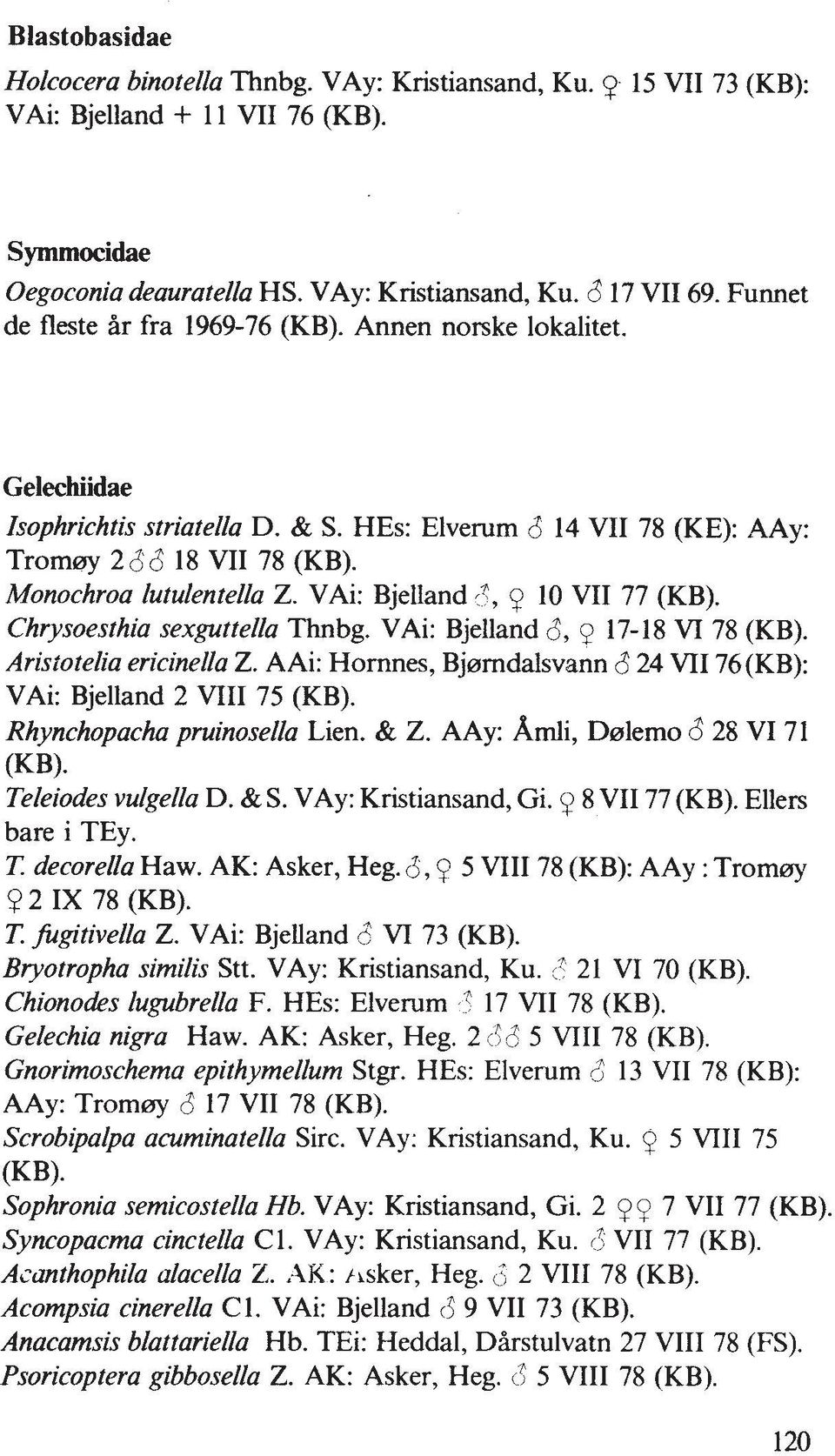 VAi: Bjelland 7, 9 10 VII 77 (KB). Chrysoesthia sexguttella Thnbg. VAi: Bjelland $, p 17-18 VI 78 (KB). Aristotelia ericinella Z.