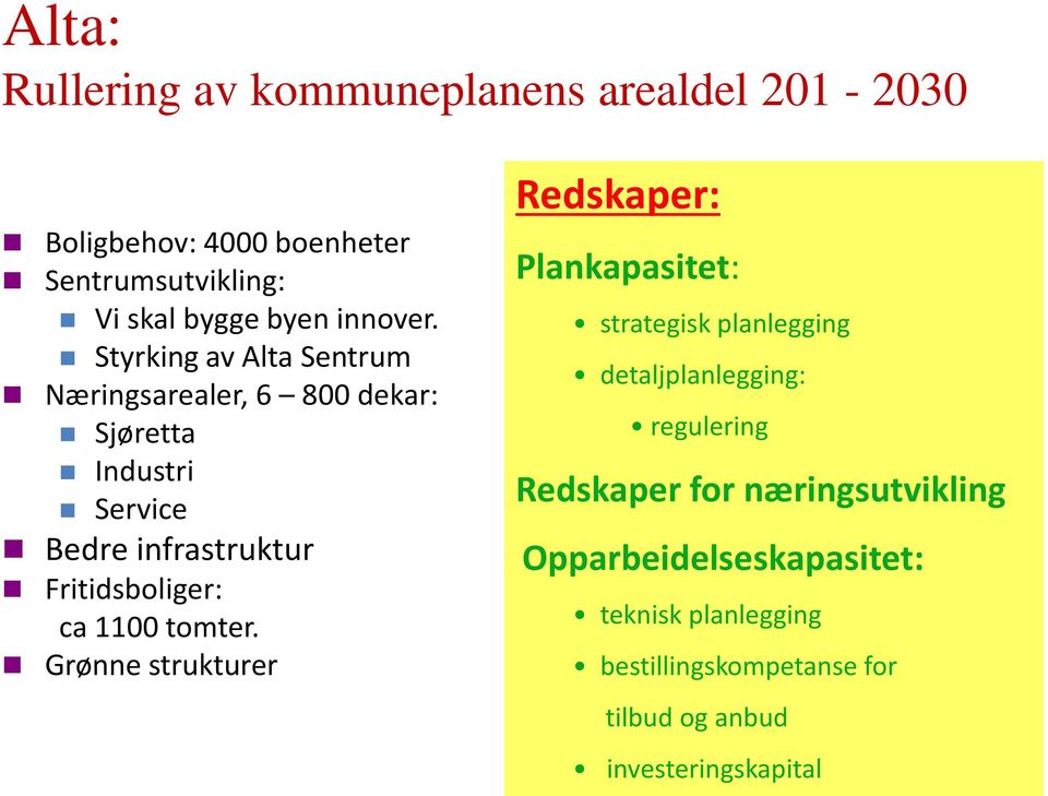 Styrking av Alta Sentrum Næringsarealer, 6 800 dekar: Sjøretta Industri Service Bedre infrastruktur Fritidsboliger: ca