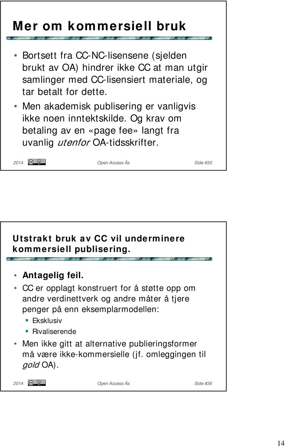 2014 Open Access Ås Side #35 Utstrakt bruk av CC vil underminere kommersiell publisering. Antagelig feil.