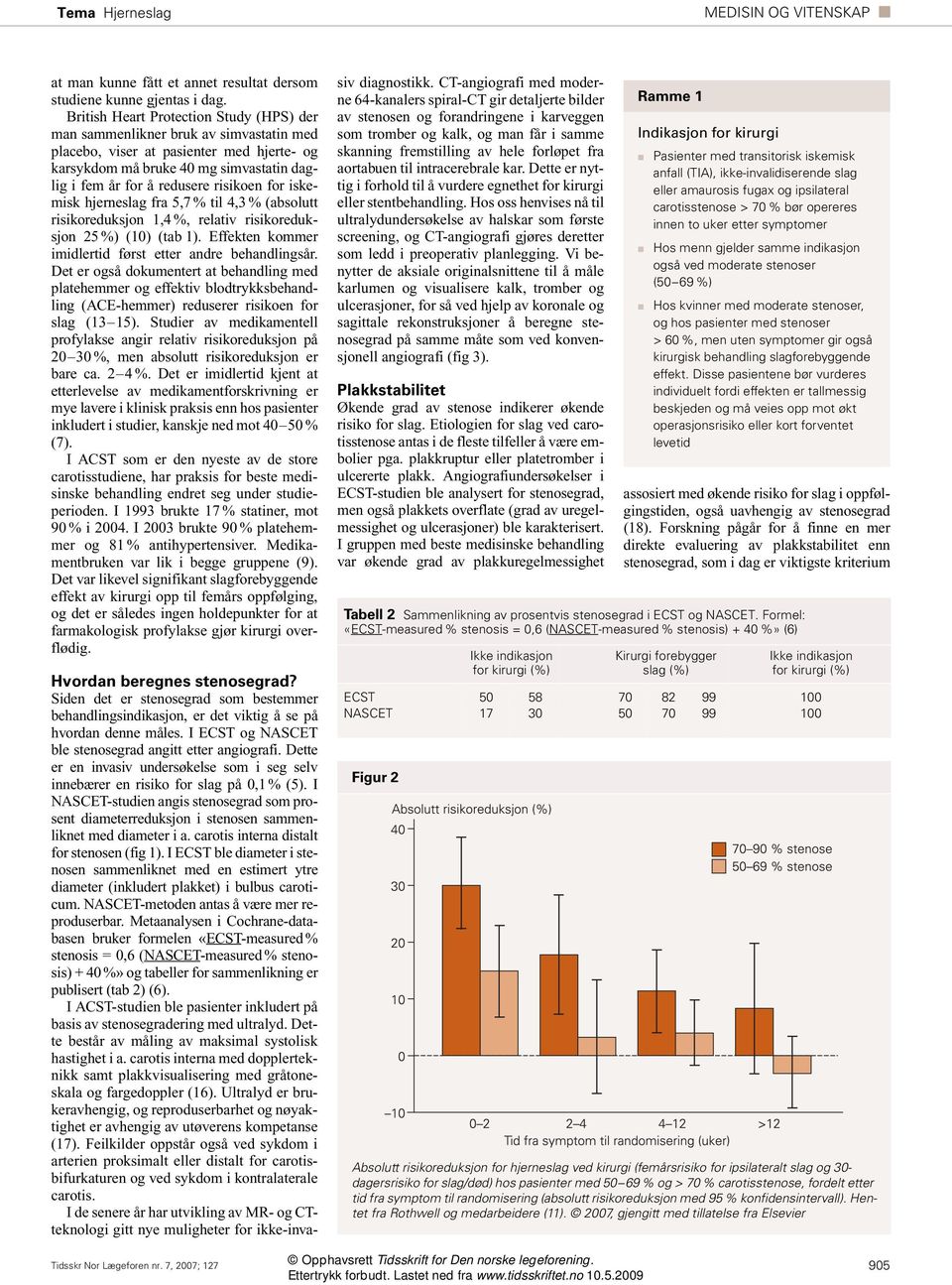 risikoen for iskemisk hjerneslag fra 5,7 % til 4,3 % (absolutt risikoreduksjon 1,4 %, relativ risikoreduksjon 25 %) (10) (tab 1). Effekten kommer imidlertid først etter andre behandlingsår.