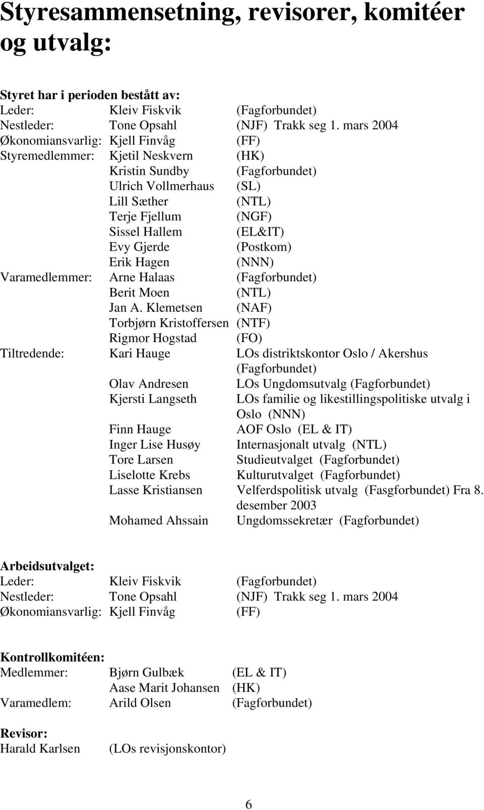 Evy Gjerde (Postkom) Erik Hagen (NNN) Varamedlemmer: Arne Halaas (Fagforbundet) Berit Moen (NTL) Jan A.