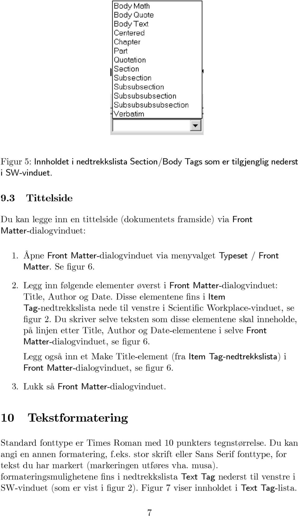 Disse elementene fins i Item Tag-nedtrekkslista nede til venstre i Scientific Workplace-vinduet, se figur 2.