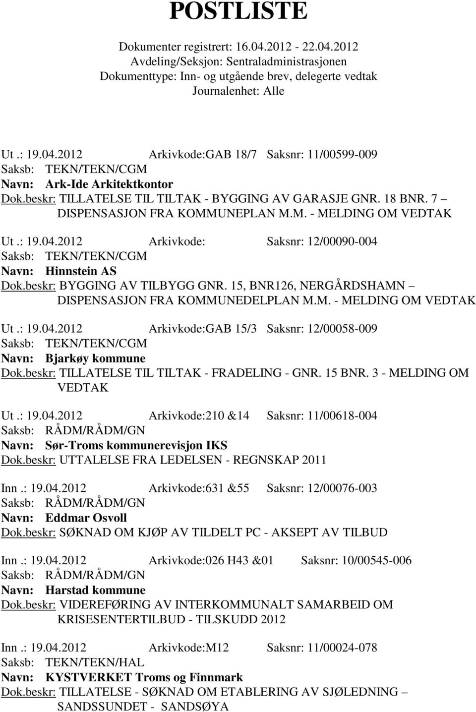 beskr: TILLATELSE TIL TILTAK - FRADELING - GNR. 15 BNR. 3 - MELDING OM VEDTAK Ut.: 19.04.2012 Arkivkode:210 &14 Saksnr: 11/00618-004 Navn: Sør-Troms kommunerevisjon IKS Dok.