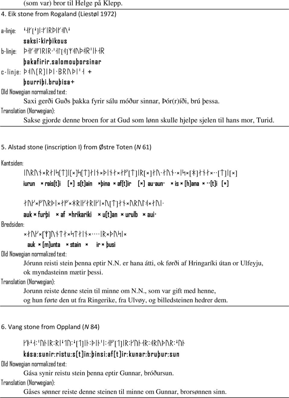 Sakse gjorde denne broen for at Gud som lønn skulle hjelpe sjelen til hans mor, Turid. 5. Alstad stone (inscription I) from Østre Toten (N 61) Kantsiden: iurun RNic[T]i[ ]c[t]nin QiNN Nf[T]iR[ ]NU.