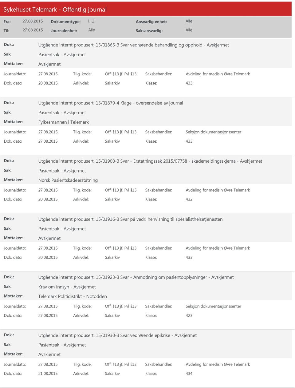 Erstatningssak 2015/07758 - skademeldingsskjema - Pasientsak - Dok. dato: 20.08.2015 Arkivdel: Sakarkiv Utgående internt produsert, 15/01916-3 Svar på vedr.