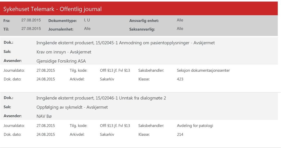 2015 Arkivdel: Sakarkiv Inngående eksternt produsert, 15/02046-1 Unntak fra