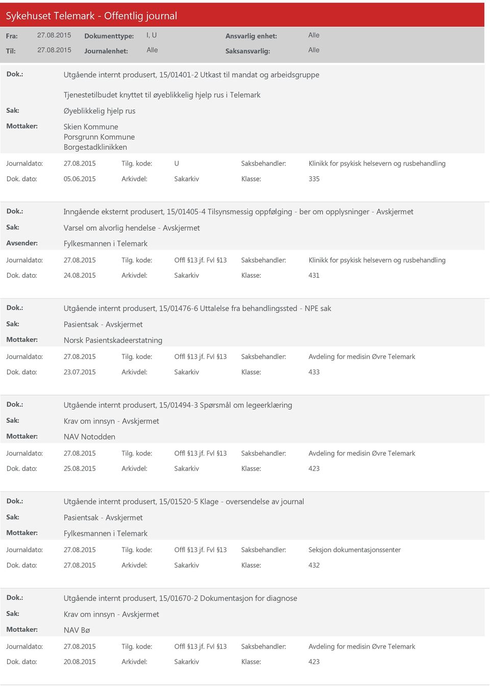 2015 Arkivdel: Sakarkiv 335 Inngående eksternt produsert, 15/01405-4 Tilsynsmessig oppfølging - ber om opplysninger - Varsel om alvorlig hendelse - Fylkesmannen i Telemark Dok. dato: 24.08.