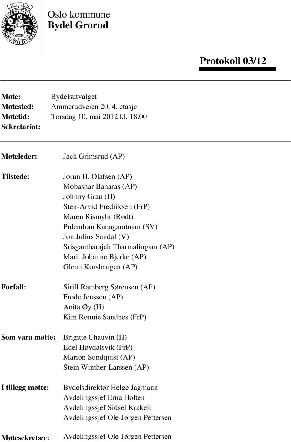 Olafsen (AP) Mobashar Banaras (AP) Johnny Gran (H) Sten-Arvid Fredriksen (FrP) Maren Rismyhr (Rødt) Pulendran Kanagaratnam (SV) Jon Julius Sandal (V) Srisgantharajah Tharmalingam (AP) Marit Johanne