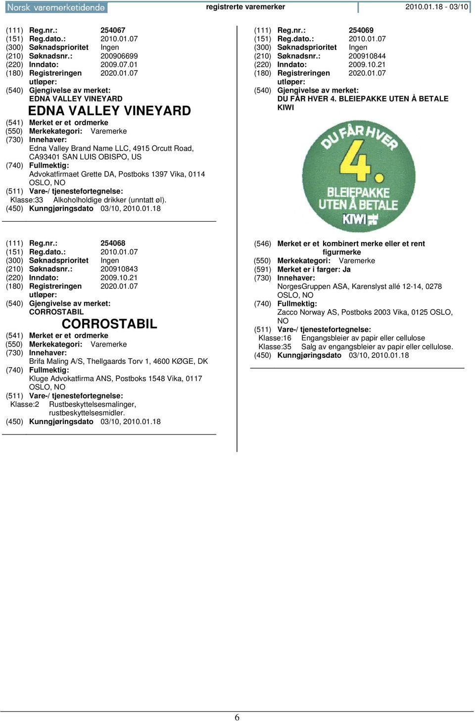 Valley Brand Name LLC, 4915 Orcutt Road, CA93401 SAN LUIS OBISPO, US Advokatfirmaet Grette DA, Postboks 1397 Vika, 0114 OSLO, Klasse:33 Alkoholholdige drikker (unntatt øl). (111) Reg.nr.