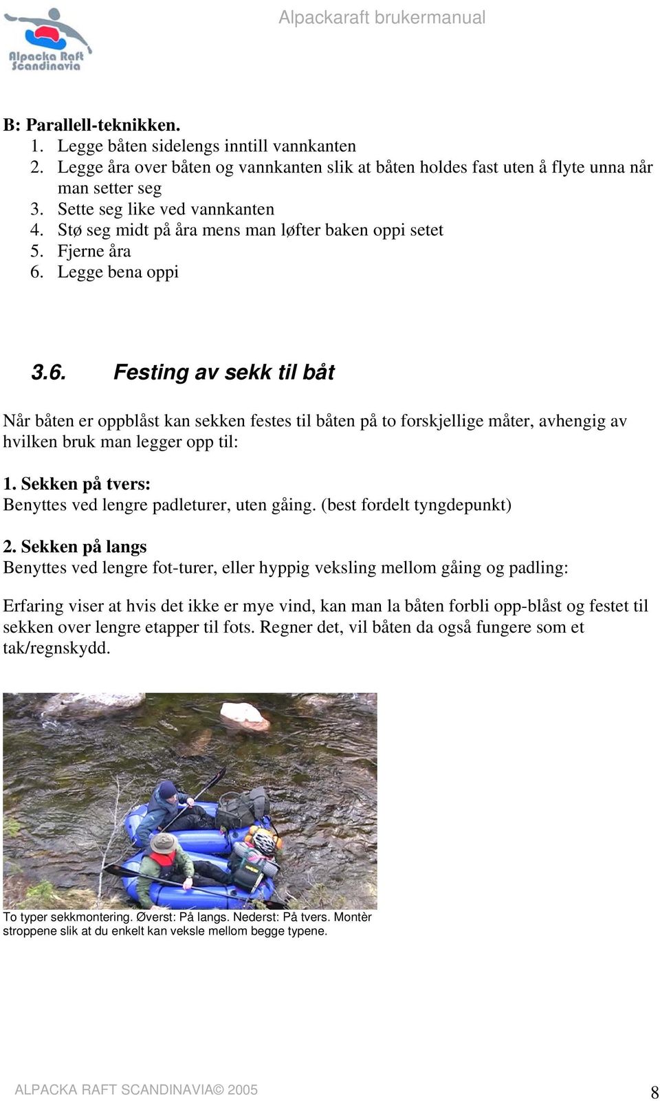 Legge bena oppi 3.6. Festing av sekk til båt Når båten er oppblåst kan sekken festes til båten på to forskjellige måter, avhengig av hvilken bruk man legger opp til: 1.