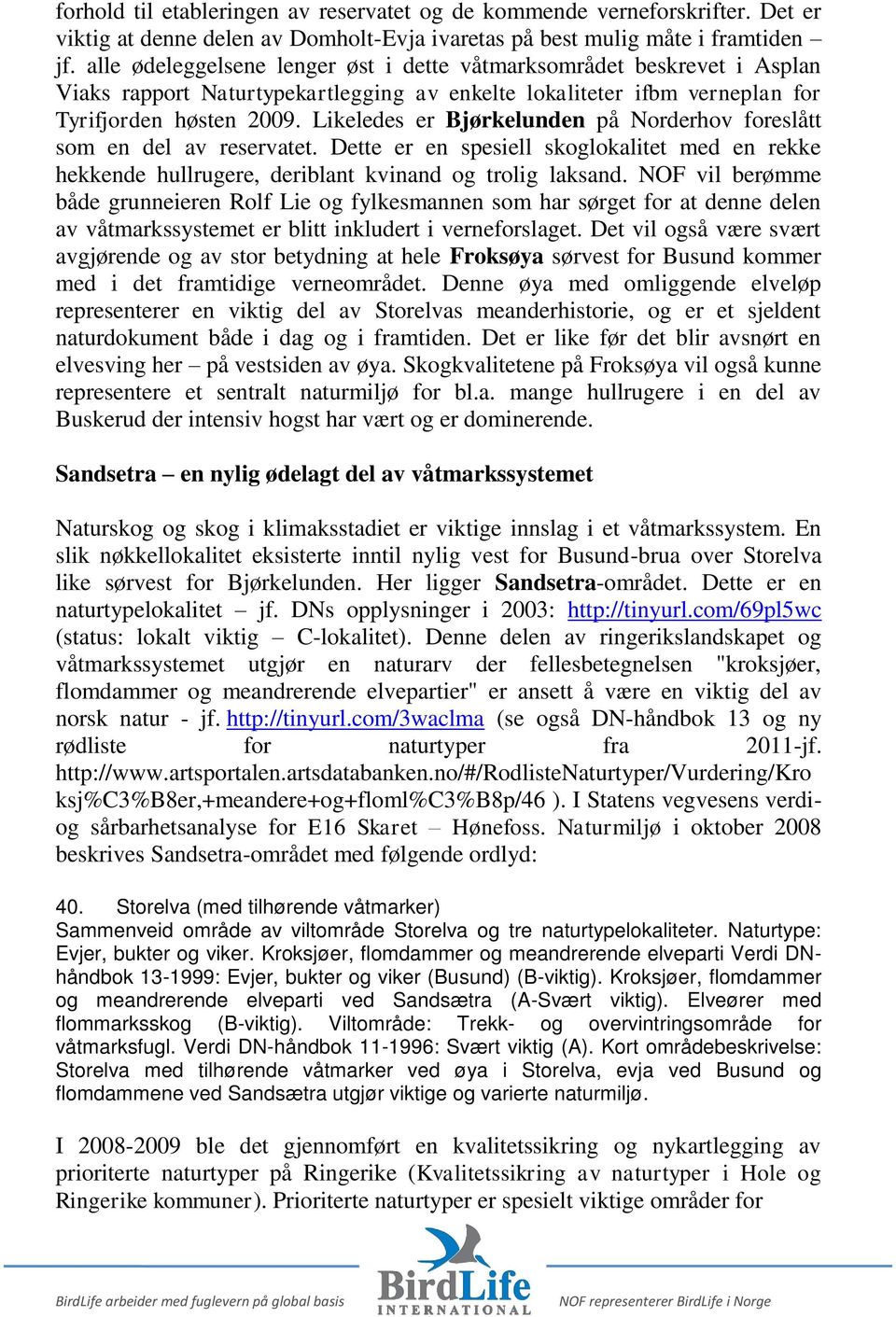 Likeledes er Bjørkelunden på Norderhov foreslått som en del av reservatet. Dette er en spesiell skoglokalitet med en rekke hekkende hullrugere, deriblant kvinand og trolig laksand.