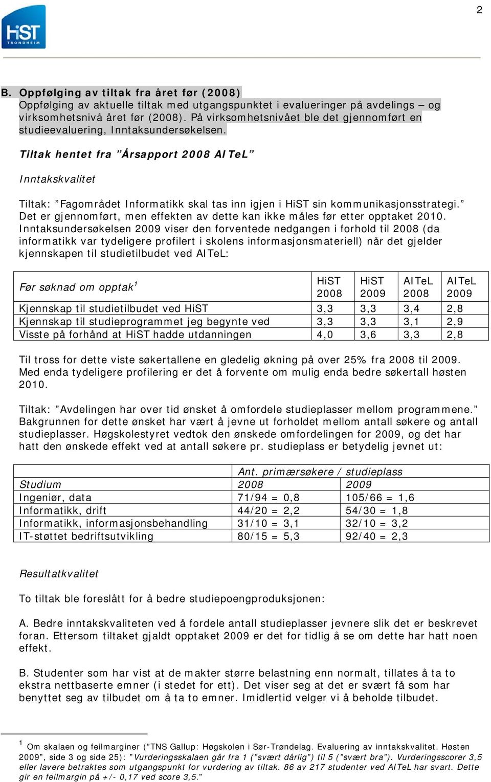 Tiltak hentet fra Årsapport 2008 AITeL Inntakskvalitet Tiltak: Fagområdet Informatikk skal tas inn igjen i HiST sin kommunikasjonsstrategi.