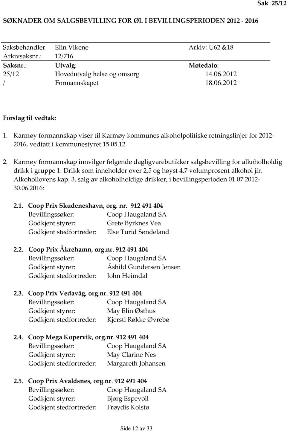 Karmøy formannskap viser til Karmøy kommunes alkoholpolitiske retningslinjer for 20