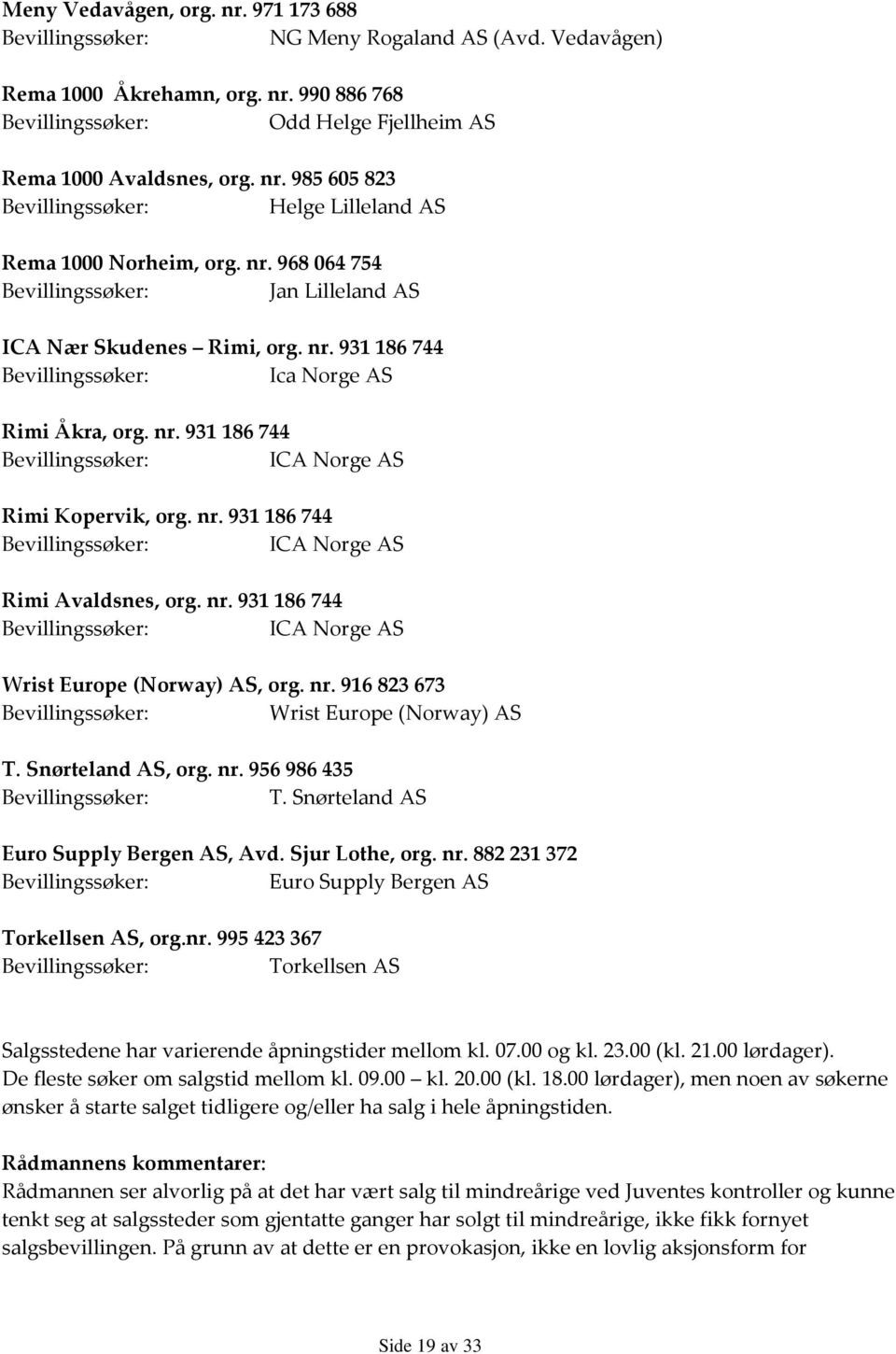 nr. 931186744 Bevillingssøker: ICA Norge AS Rimi Avaldsnes, org. nr. 931186744 Bevillingssøker: ICA Norge AS Wrist Europe (Norway) AS, org. nr. 916823673 Bevillingssøker: Wrist Europe (Norway) AS T.