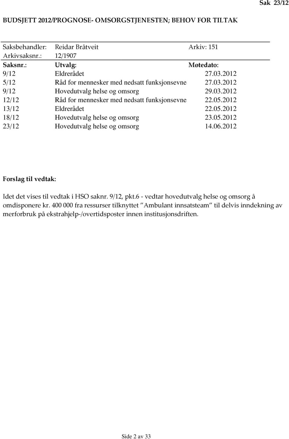 2012 13/12 Eldrerådet 22.05.2012 18/12 Hovedutvalg helse og omsorg 23.05.2012 23/12 Hovedutvalg helse og omsorg 14.06.2012 Forslag til vedtak: Idet det vises til vedtak i HSO saknr.