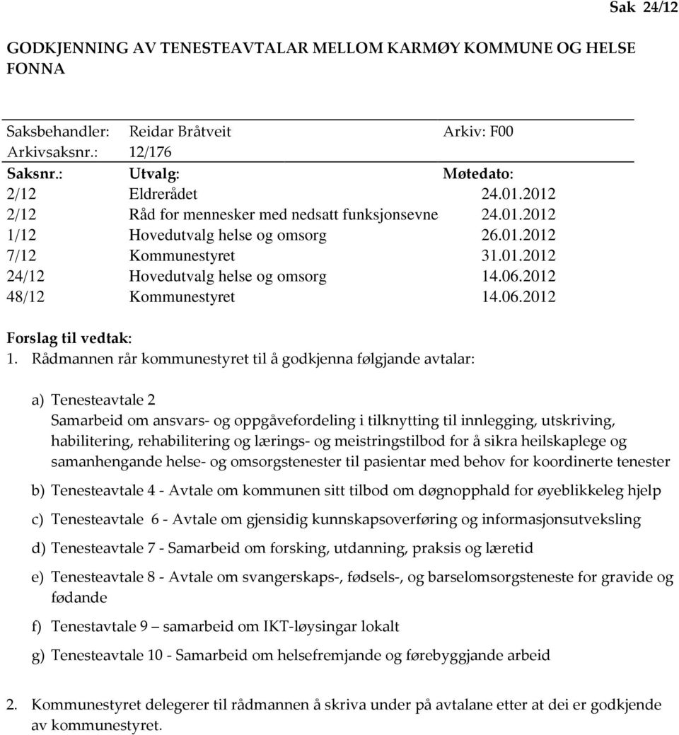 2012 48/12 Kommunestyret 14.06.2012 Forslag til vedtak: 1.