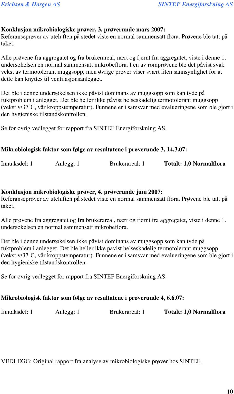 I en av romprøvene ble det påvist svak vekst av termotolerant muggsopp, men øvrige prøver viser svært liten sannsynlighet for at dette kan knyttes til ventilasjonsanlegget.