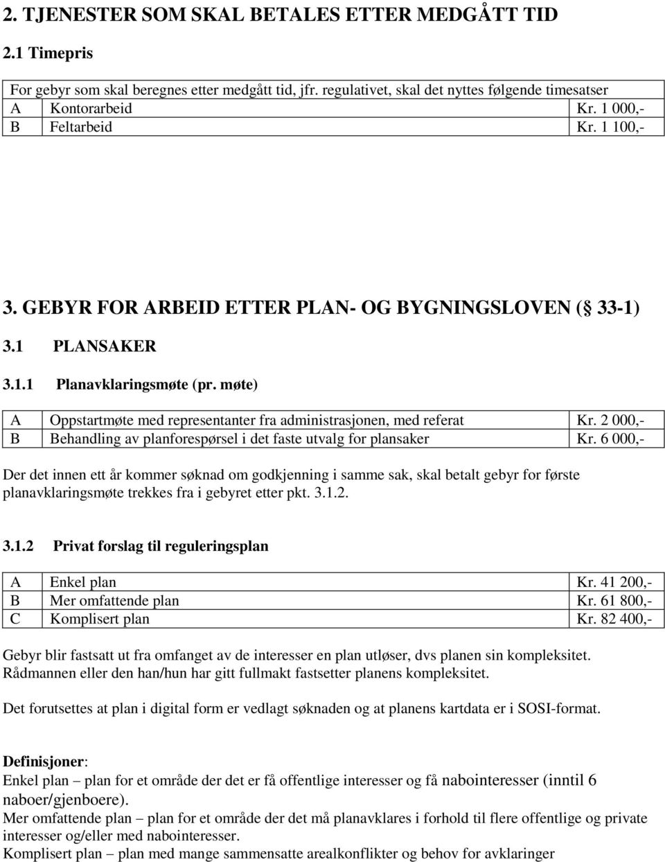 møte) A Oppstartmøte med representanter fra administrasjonen, med referat Kr. 2 000,- B Behandling av planforespørsel i det faste utvalg for plansaker Kr.