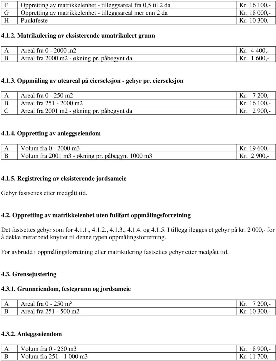 16 100,- C Areal fra 2001 m2 - økning pr. påbegynt da Kr. 2 900,- 4.1.4. Oppretting av anleggseiendom A Volum fra 0-2000 m3 Kr. 19 600,- B Volum fra 2001 m3 - økning pr. påbegynt 1000 m3 Kr.