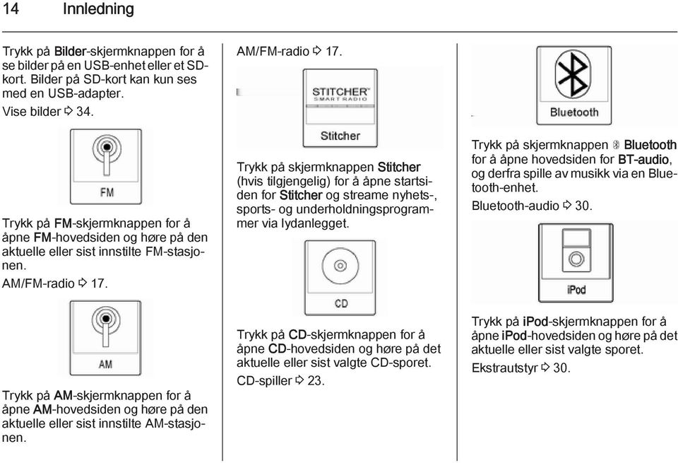 AM/FM-radio 3 17. Trykk på skjermknappen Stitcher (hvis tilgjengelig) for å åpne startsiden for Stitcher og streame nyhets-, sports- og underholdningsprogrammer via lydanlegget.