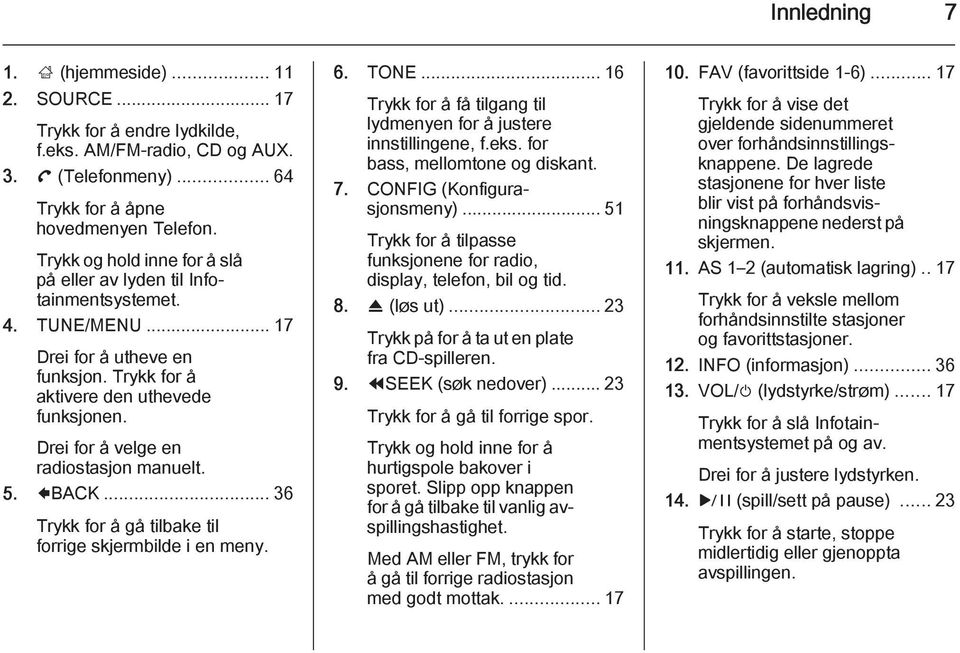 Drei for å velge en radiostasjon manuelt. 5. 9BACK... 36 Trykk for å gå tilbake til forrige skjermbilde i en meny. 6. TONE... 16 Trykk for å få tilgang til lydmenyen for å justere innstillingene, f.